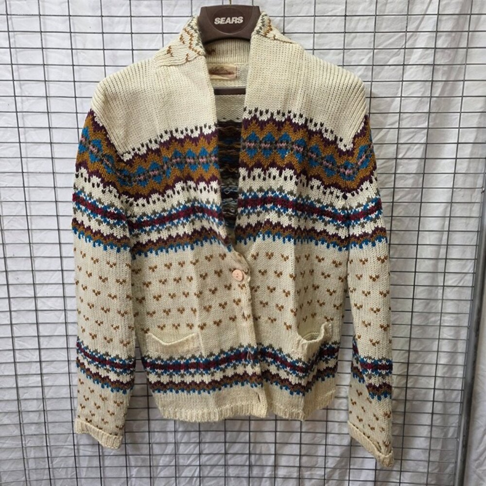 Vintage Nordic Cardigan Sweater Fair Isle Large